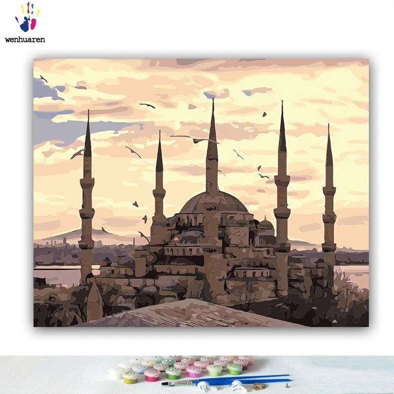 

DIY Coloring paint by numbers Sunset glow of the castle paintings by numbers with kits 40x50 framed