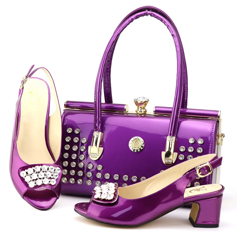 

Italy shoes and bag matching set in purple color with many stones shinning african aso ebi shoes and bag set shoes bag SB8315-2