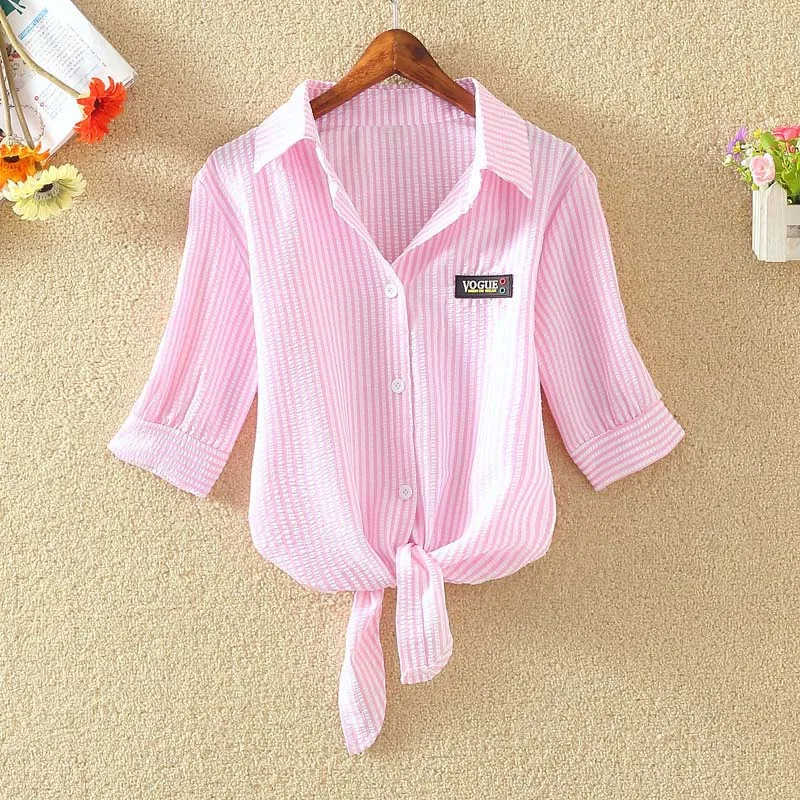 White Bow Tie Plus Size Crop Top Women's Blouse Short Puff Half Sleeve Turn Down Collar Pink Woman Shirts 2019 Casual Female Top