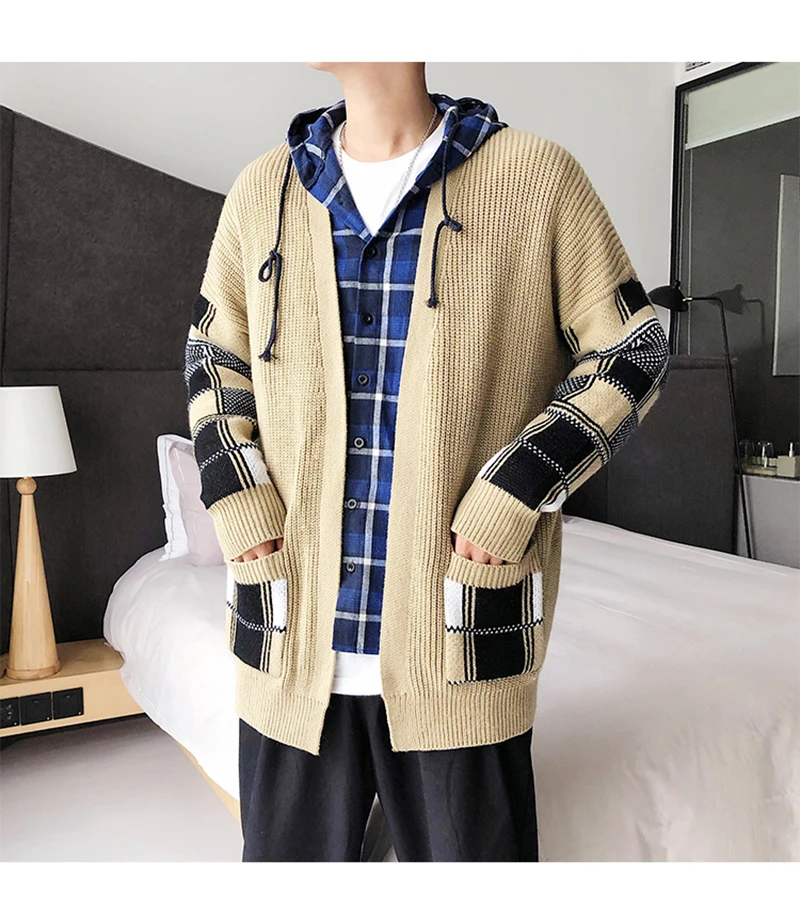 Korean Oversized Sweater Cardigan Men Plaid  (6)