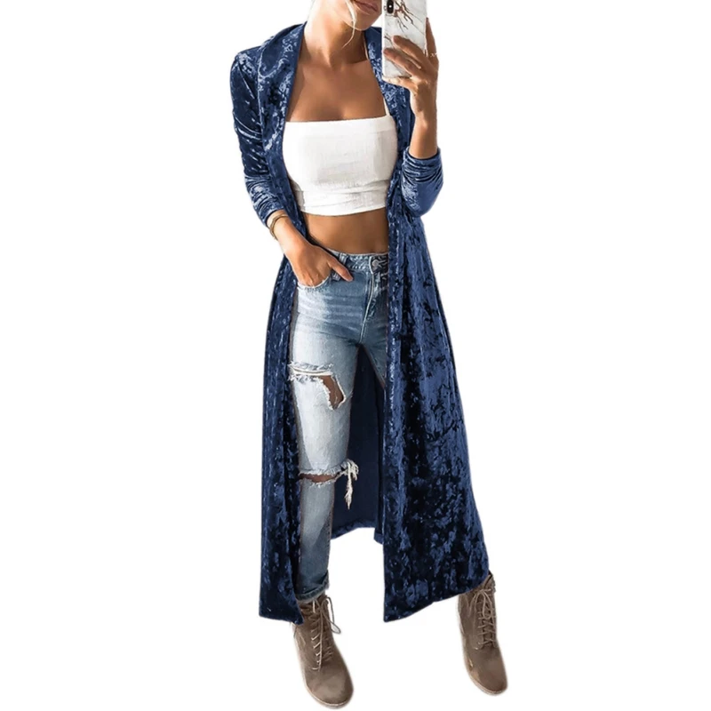

Autumn Velvet Coat Women Fashion Open Front Long Sleeve Lapel Neck Slim Windbreaker Party Maxi Long Jacket Cardigan