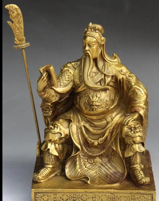 

15CM Chinese Bronze seat Dragon Robe Guan Gong Yu Warrior God knight statue R0707