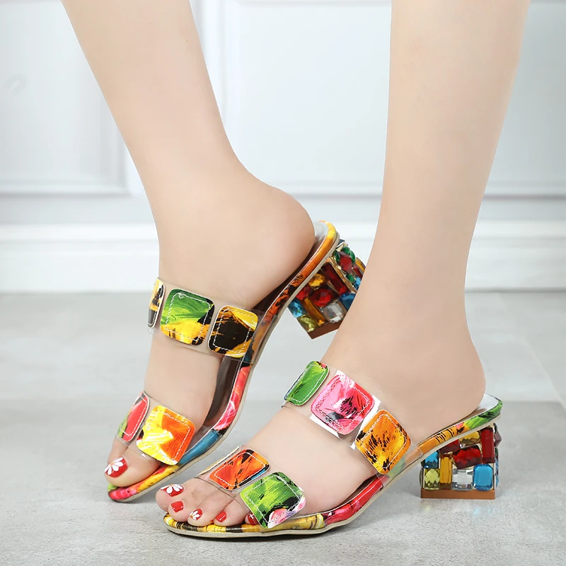 

2019 New Summer Women Multi Colors Sandals Fashion High Heels Open Toe Beach Flip Flops Ladies Crystal Heels Shoes Woman XWT1893