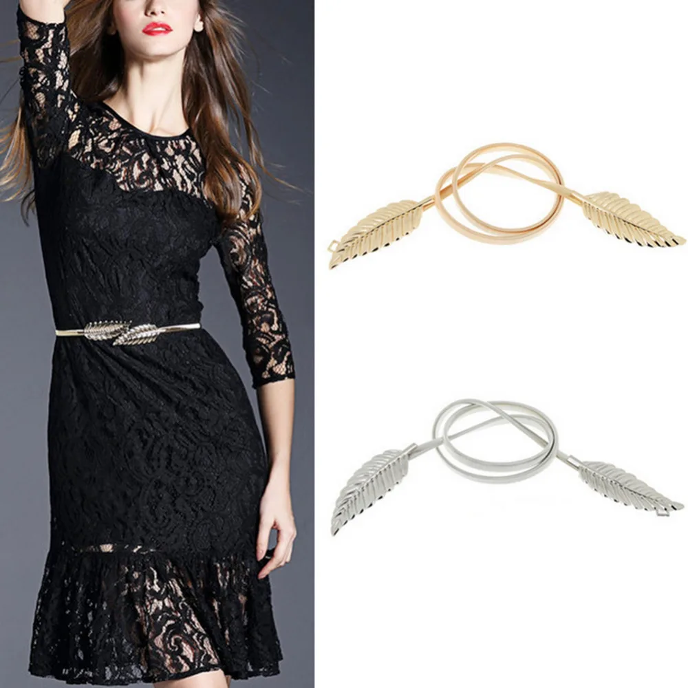 Fashion Women Belt Leaf Design Clasp Front Stretch Metal Waist Belt