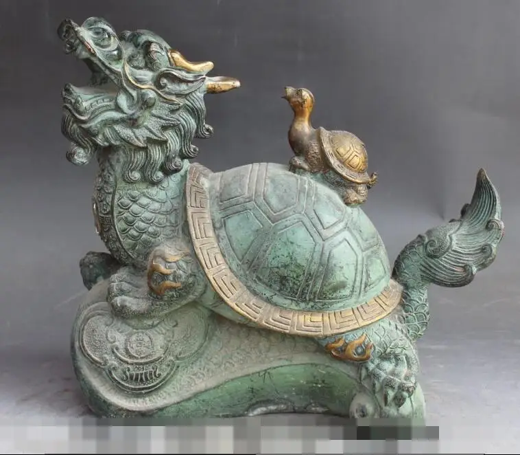 

S2570 12" Old Chinese Bronze Gilt Wealth Money RuYi Dragon Turtle Tortoise Kid Statue