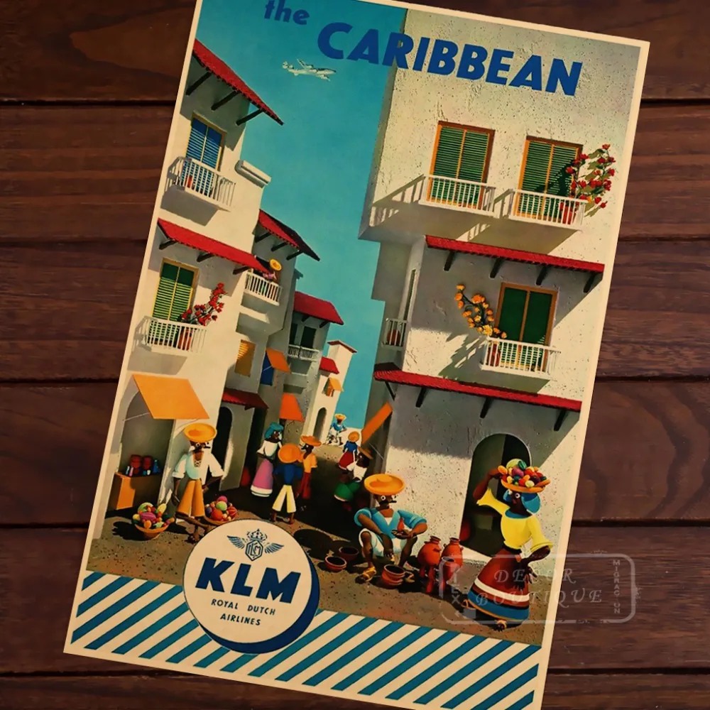 

KLM Airline Travel Poster Caribbean Airline Classic Vintage Retro Poster Decorative Wall Canvas Stickers Posters Bar Home Decor