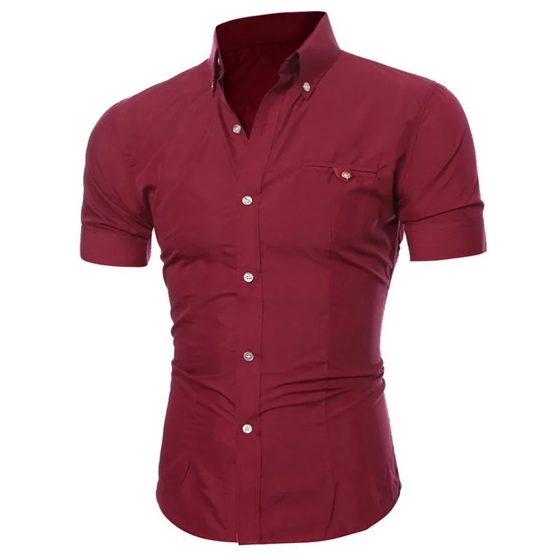 Oeak, мужские облегающие рубашки, Повседневная летняя модная однотонная мужская рубашка с коротким рукавом и отложным воротником