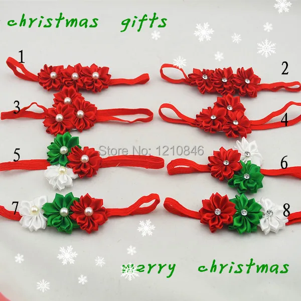 

Trail order triple satin ribbon flower headbands christmas gift for girl on elastic headbands 8pcs