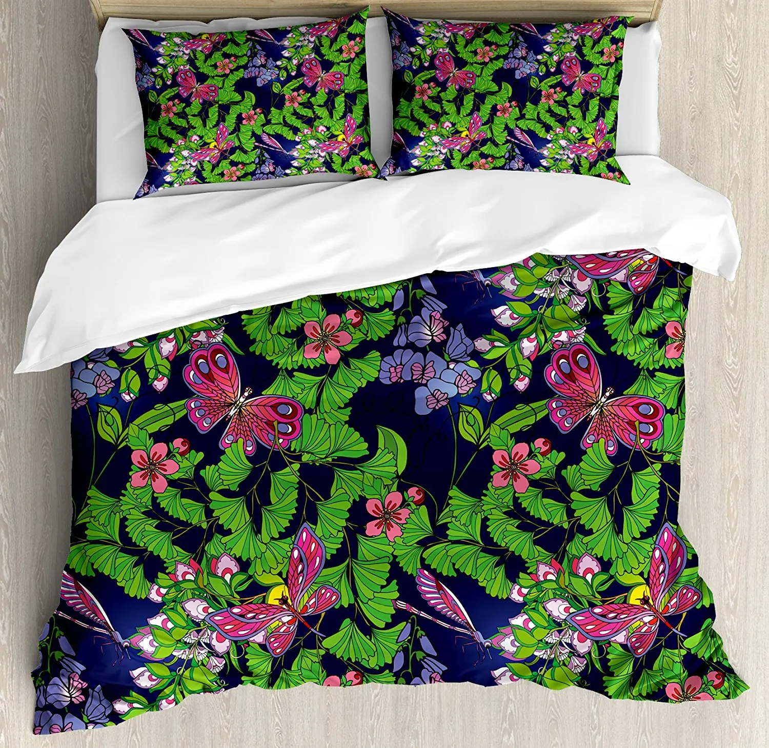 Flower Duvet Cover Set Tropical Vivid Petal Leaf Butterfly Dragonfly