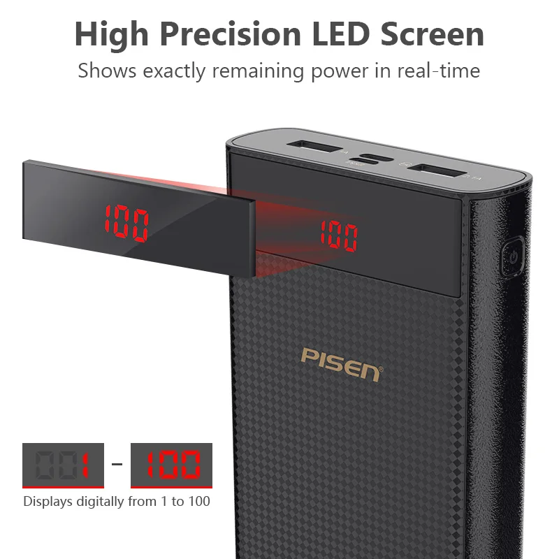  PISEN LED 20000mAh banco de energía tipo C Micro USB batería externa de teléfono Dual USB de carga 