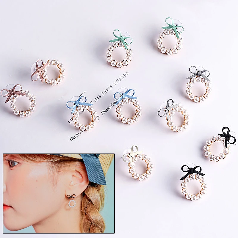 

LNRRABC Hot Sale Summer Bow Ear Stud Women 6 Colors Colourful Lovely; Exquisite 1Pair Geometry Circle Pearl Earrings Jwelry Gift