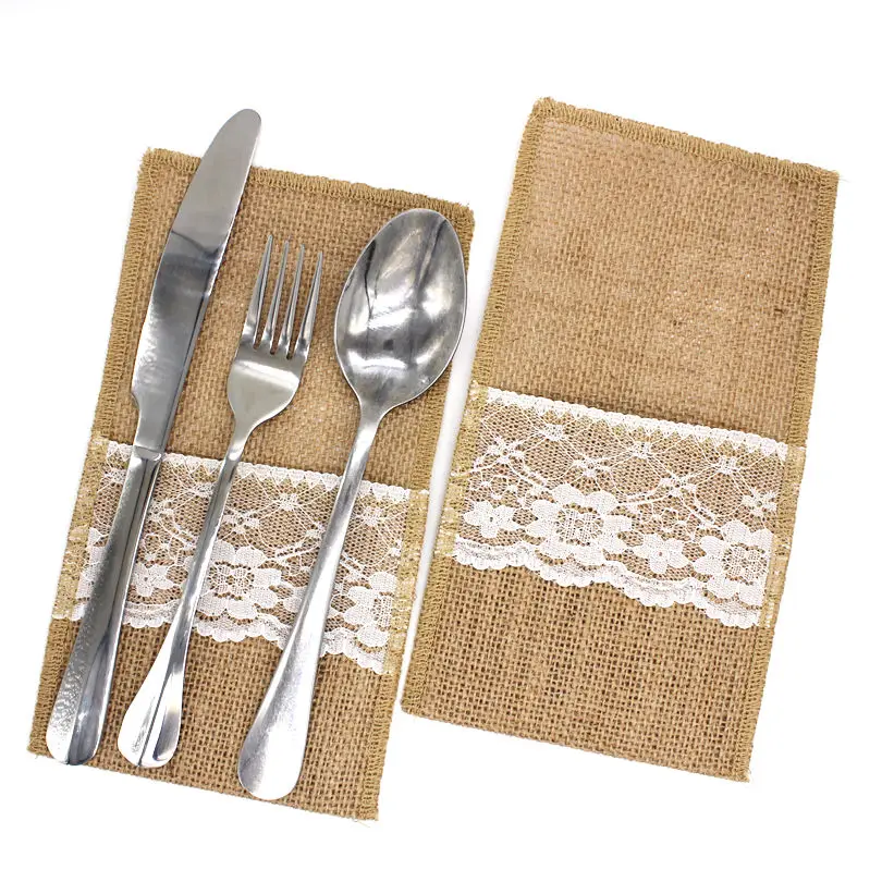 1PCS vintage Jute Hessian Burlap Linen lace Cutlery Pouch Rustic Wedding decoration Party Birthday Tableware Supplies Holder Bag