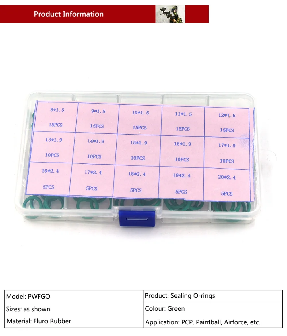 PCP Пейнтбол прочный зеленый уплотнительное-образных уплотнительных кольца Разъем Фтор каучук o-образный кольцо прокладка замены 15 Доступные размеры 150 шт./кор