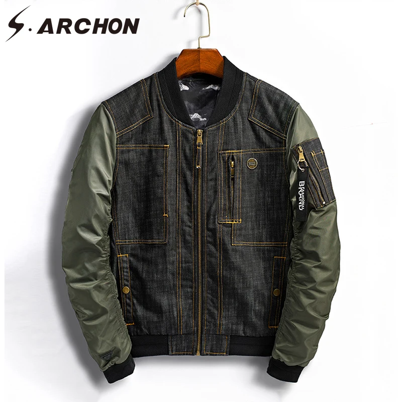 S.ARCHON Spring Autumn Military Tactical Denim Jackets Men Stand Collar Patchwork Streetwear Baseball Jacket Casual Fashion Coat S.ARCHON Spring Autumn Military Tactical Denim Jackets Men Stand Collar Patchwork Streetwear Baseball Jacket Casual Fashion Coat
