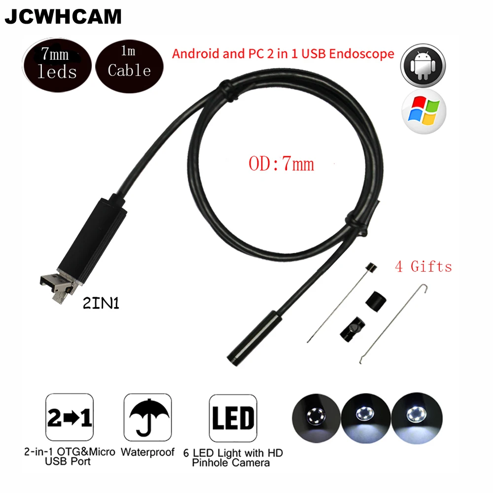 JCWHCAM фотосъемка камера 7 мм объектив 1 м 2 USB эндоскопа водостойкий бороскоп трубки инспекции видео для Android смартфон PC