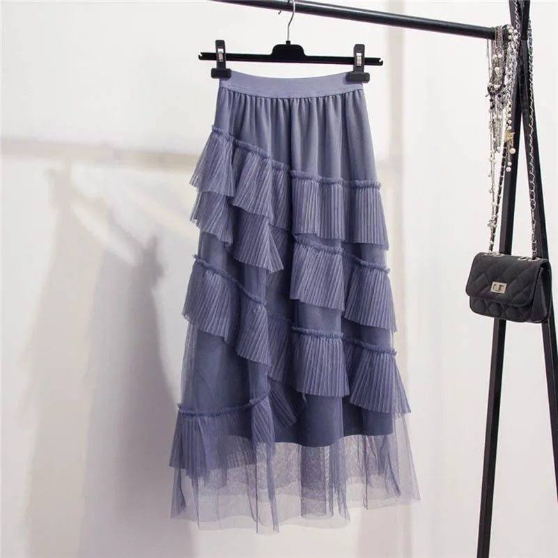 

NiceMix New 2019 Spring Summer Japan Style Mesh Stitching Ruffles Skirts Womens High Waist Pleated Skirts Ladies Long Skirts New