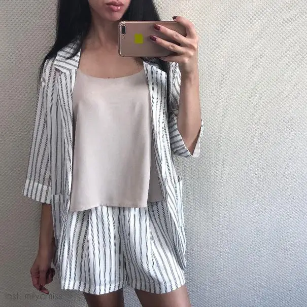 Summer Cotton Linen Tracksuit for Women One Button Blazer & High Waisted Short Striped Pant Suits 2 Pieces Set 2018 Feminino