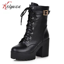 Plus size 34-43 new 2015 gothic punk shoes cosplay boots platform sexy zip winter square heel lace-up mid-calf Motorcycle boots
