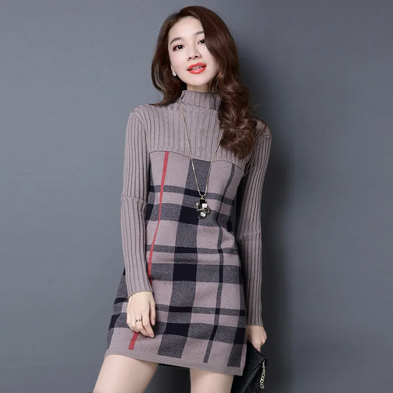 2020 New Women Autumn Winter Dress Turtleneck Long Sleeve Plaid Knitted Sweater Female Loose Sweaters Pullovers 315 | Женская одежда