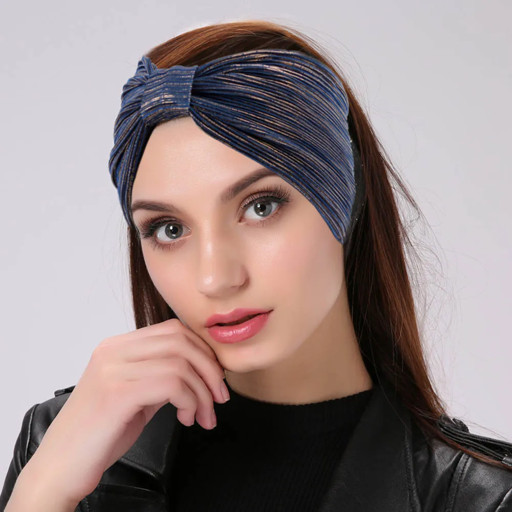 Geebro женские металлические широкие полосатые повязки на голову, модный тюрбан с узлом, вязаная эластичная повязка на голову для дам, повязка на голову с бантом