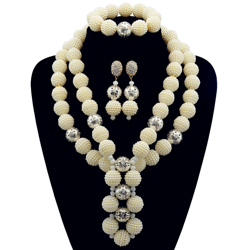 

Free Shipping White Siver Ball Chunky Women Statement Necklace Set Dubai African Jewelry Sets Wedding Crystal Beads Jewelry Set