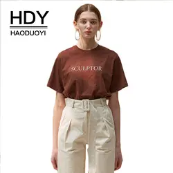 HDY Haoduoyi 2019 письмо напечатано свободно Кофе Цвет Однотонная футболка пуловер с короткими рукавами вырез лодочкой модная женская футболка