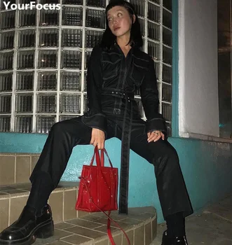 

Harajuku vintage ins hot rock punk old school casual lace up black women jumpsuits YQ-845