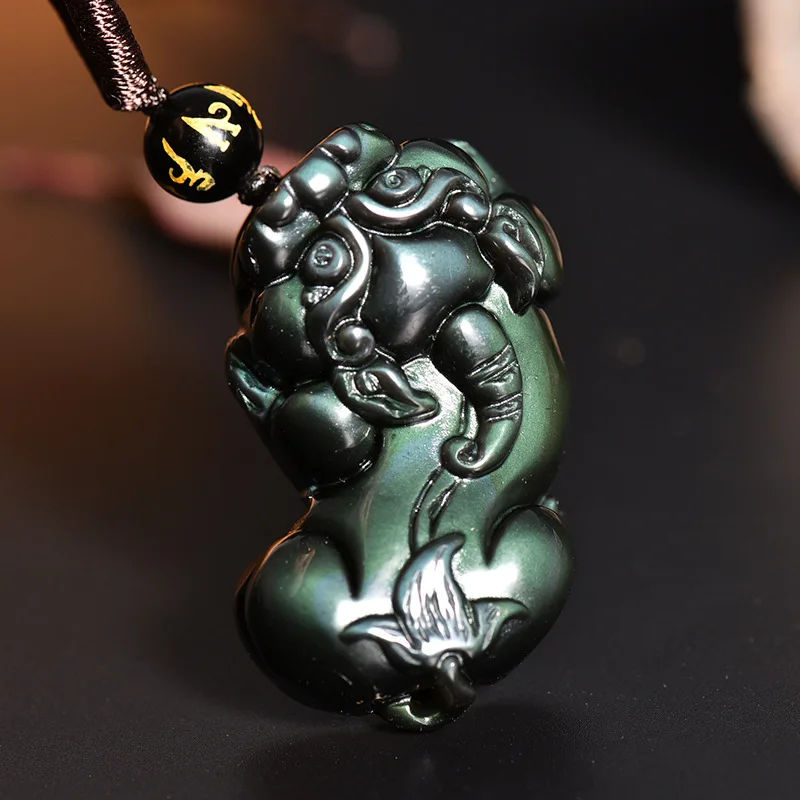 

Natural Rainbow Eyes Stone Black Obsidian Stone Necklace Brave Troops Pixiu Pendant Women Obsidian Beads Chain Fashion Jewelry