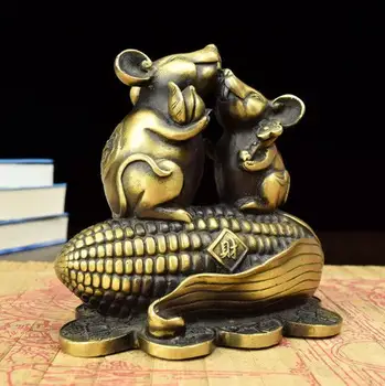 

Chinese Handmade OLD Rare Corn Mouse RAT mother & son Corn wealth Bronze Statue