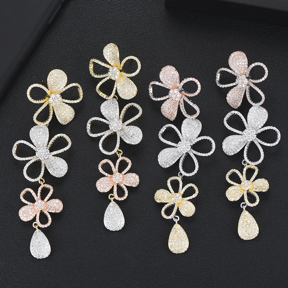 

GODKI 91mm Luxury 3 Tone Flower Long Dangle Earrings Full Micro Cubic Zirconia Indian Wedding Party Fashion Jewelry for Women