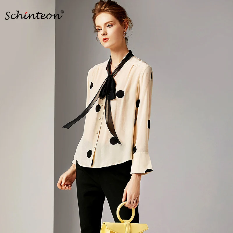 

2019 Schinteon 100% Real Silk Polka Dot Blouse Print Shirt Women Spring Summer Bow Collar Long Sleeves Fashion Women Top