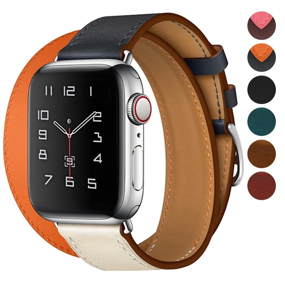 Браслет из натуральной кожи двойной тур кожаный ремешок для часов Apple Watch 44 мм 40