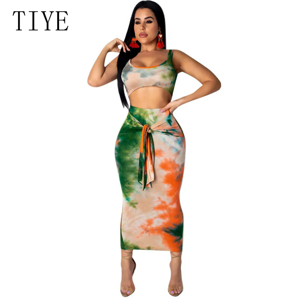

TIYE Summer Two Piece Sexy Maxi Dress Women Clothes Sleveless Bandage Bodycon Beach Dress Vintage Tie Dye Print Party Dresses