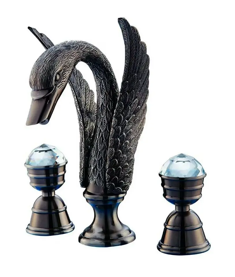 

black color 3 Pieces swan sink faucet widespread lavatory sink faucet Mixer tap deck mounted Crystal handles