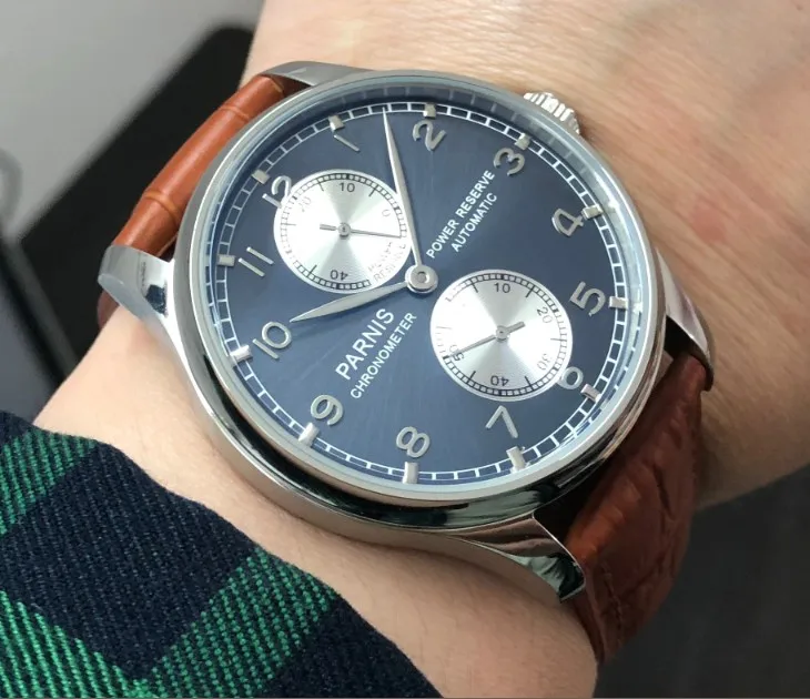 

43mm PARNIS power reserve Automatic Self-Wind Mechanical movement grey-blue dial men's watch Business watch pa123-p8