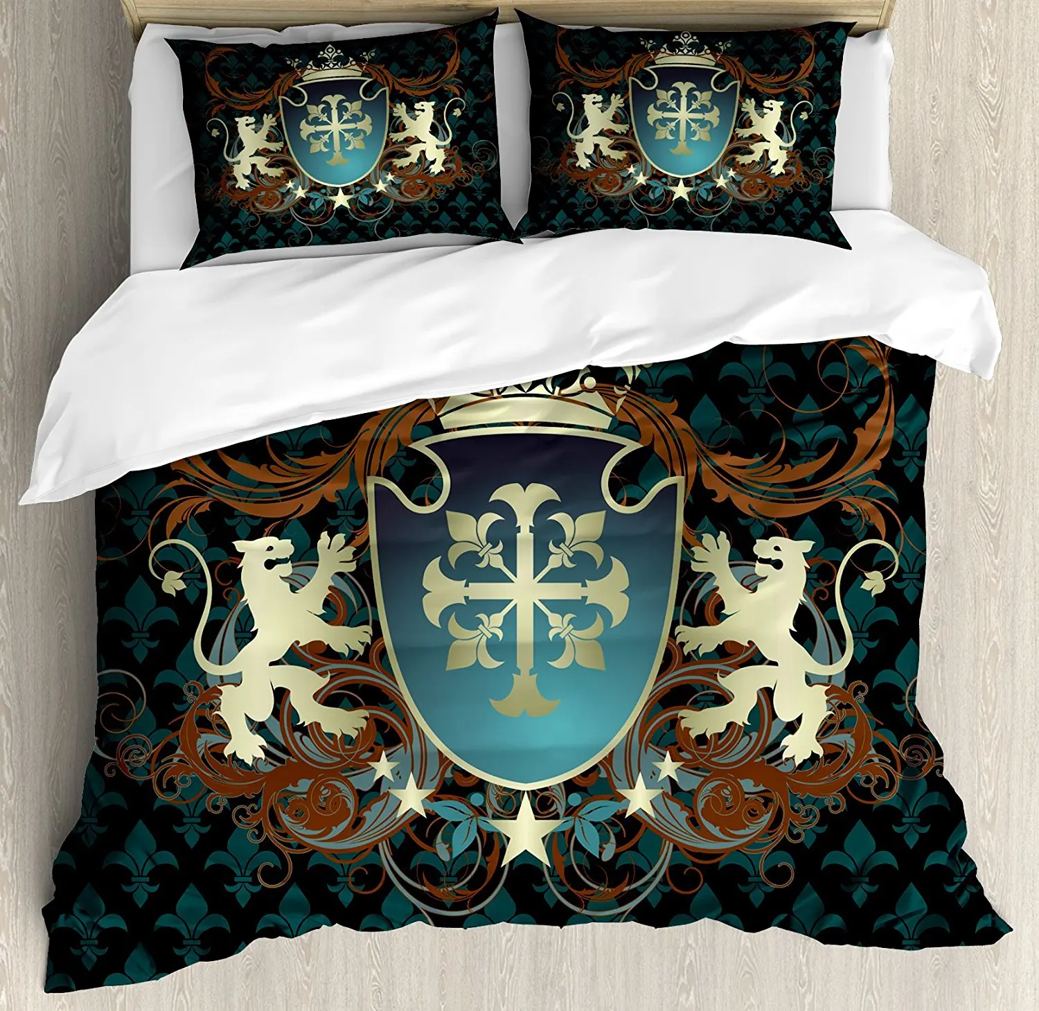 Us 105 3 47 Off Medieval Duvet Cover Set Heraldic Design From Middle Ages Coat Of Arms Crown Lions And Swirls Bedding Set Teal Black Cinnamon In