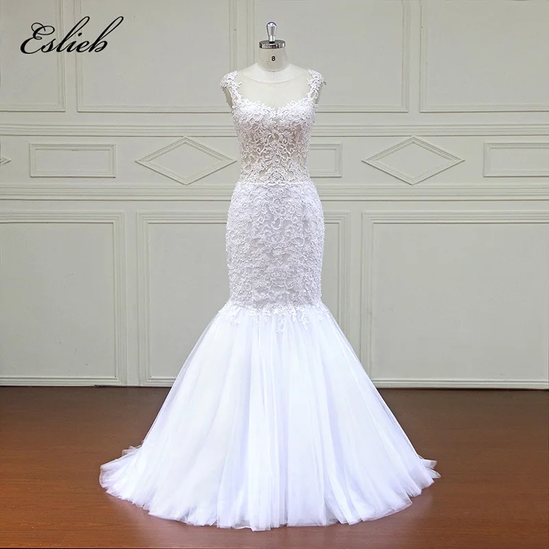 Eslieb Livraison Gratuite Élégant Belle Dentelle Perles Sirène Robes De Mariée Robes de Noiva Robe de Mariage Robes De Mariée 2018