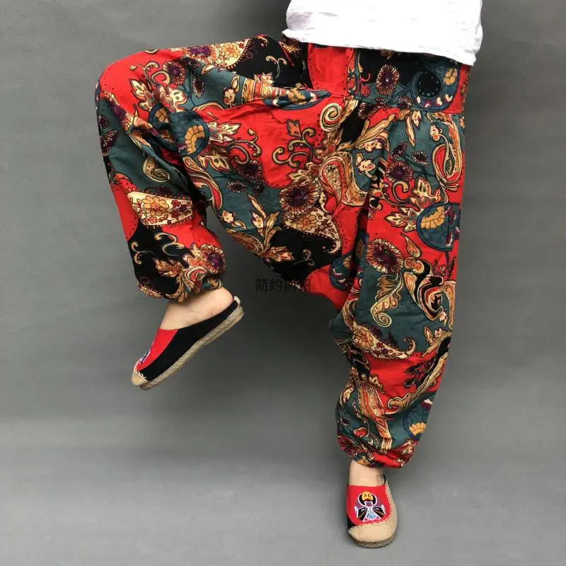 

Linen Fluid Big Crotch Floral trousers Boho Casual Low Drop Crotch Bloomers pants Elastic Waist Indian Nepal Baggy Harem Pants