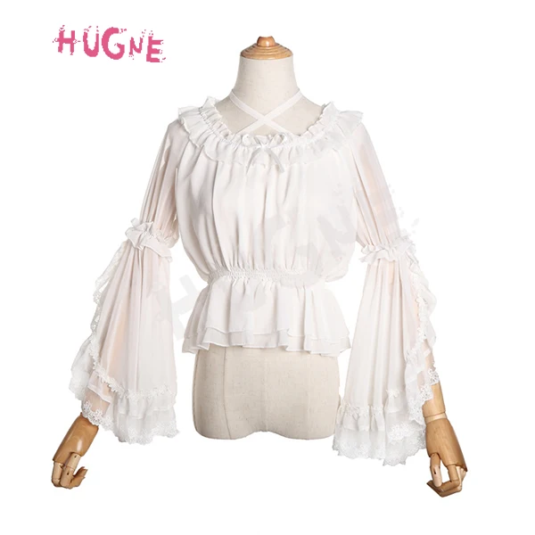 Милая женская шифоновая блуза с рукавами-клеш перекрестный воротник Топ Лолиты для лета