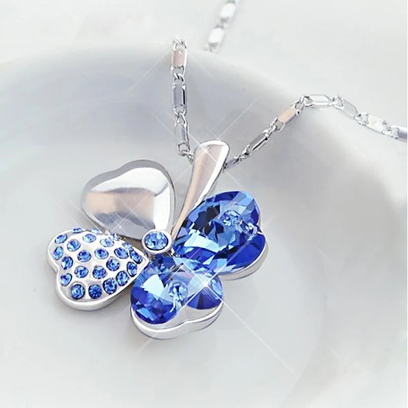 

IREACESS New women fashion silver plated chain jewelry natural crystal Clover love necklaces & pendants