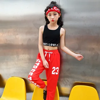 

Kids Jazz Hip hop Dance Performance Costumes For Girls Cotton Letter Crop Tops+Pants 2Pcs Children Sport Suit Teen Girl Clothes