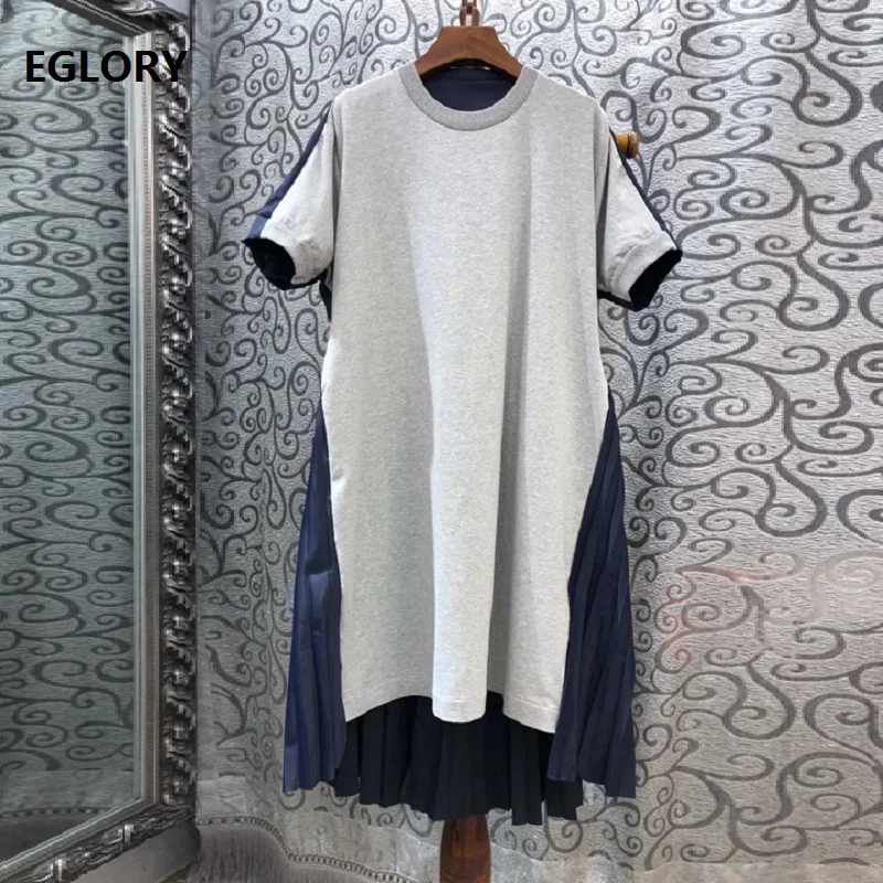 

New 2019 Summer Fashion Long T Shirt Dress High Quality Women Pleated Patchwork Short Sleeve Straight Loose Casual Cotton Dress