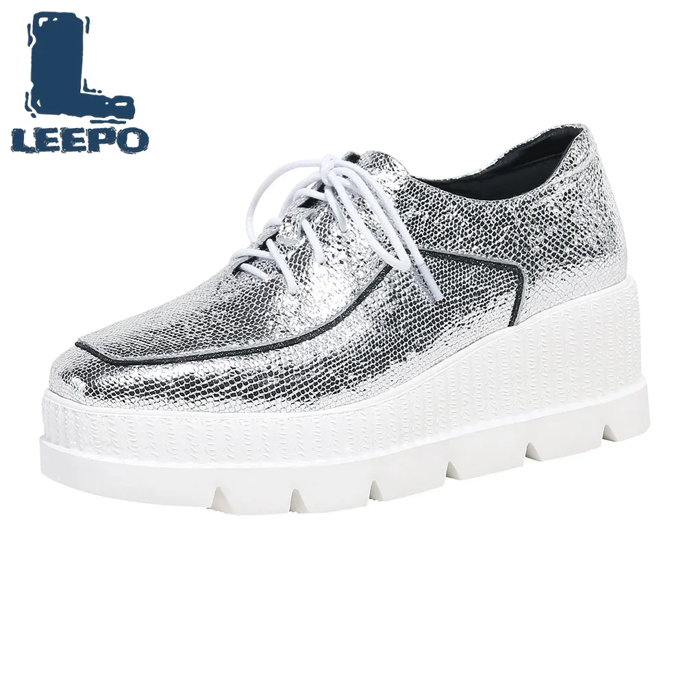 

LEEPO 2019 Fashion Casual Luxury Genuine Leather Women Shoes Lace Up Flat Platform Woman Square Toe Wedges Ladies Comfort Shoes