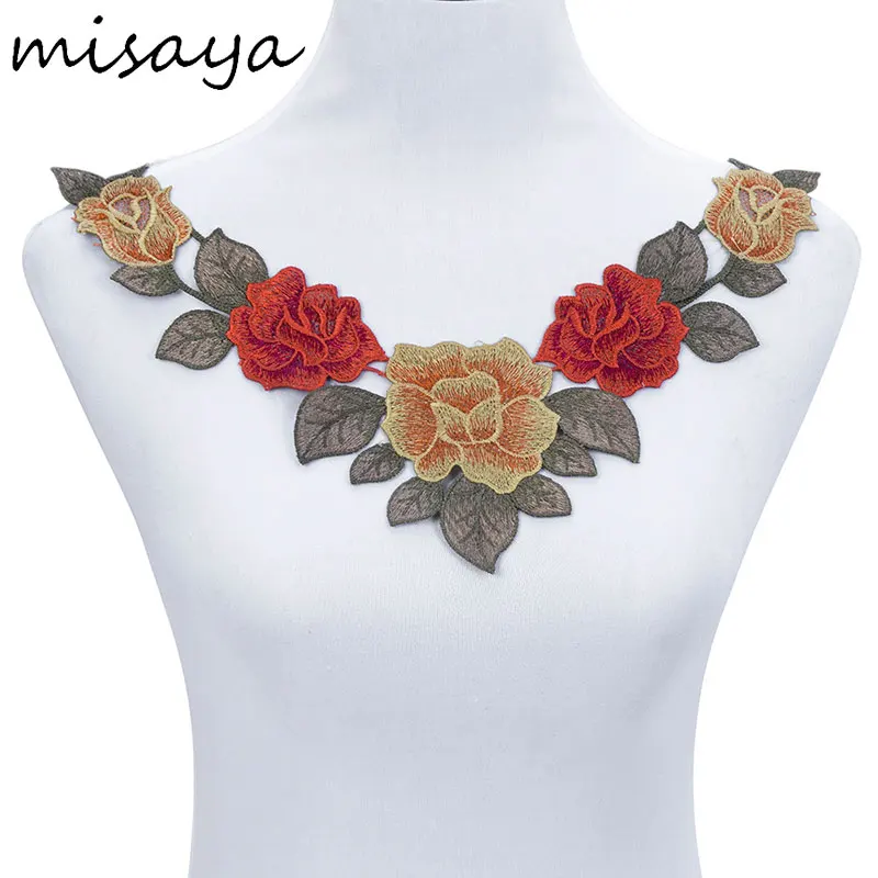 Misaya 1pc Embroidery 2 Colors Rose Flower Lace Collar Fabric, DIY Handmade Collar Lace Fabrics
