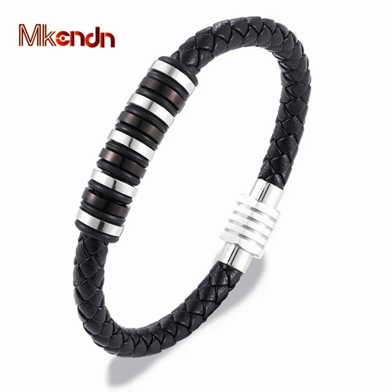 

MKENDN Punk Leather Bracelets Black Gold Stainless Steel Beads Charm Bracelets for Men Fashion Jewelry Best Friendship Gifts