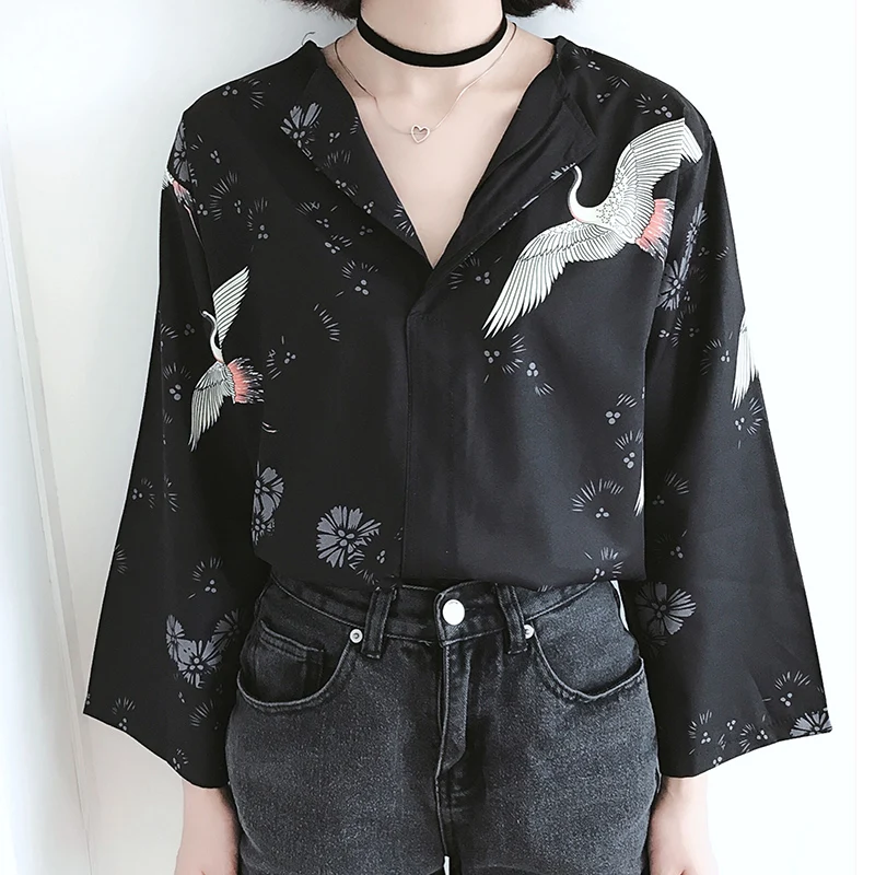 Harajuku женская блузка Топ BF винтажная шифоновая рубашка кран женские элегантные женские топы уличная рубашка