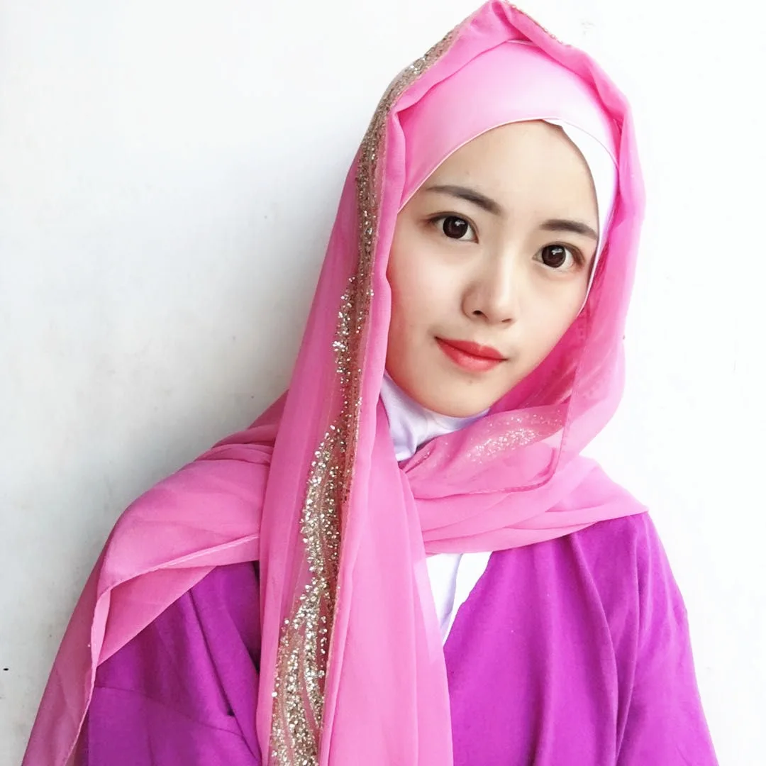 Fblus clurs Дубаи путешествия Блестящий шарф мечеть головной платок Женская мода цвет блок хиджаб шарф платок - Цвет: Фуксия