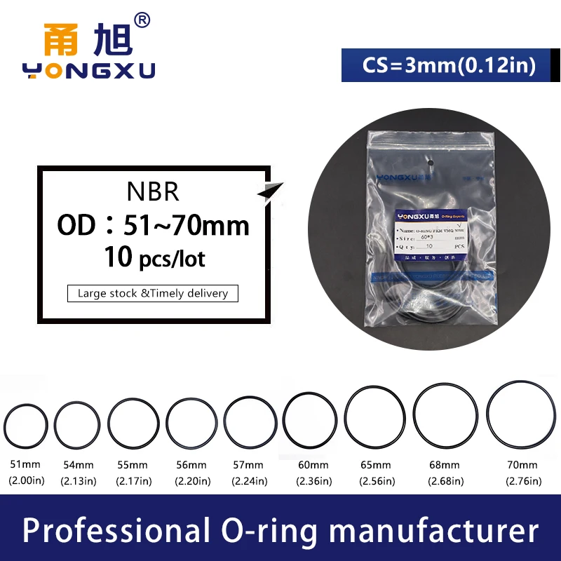 20 шт./лот черный NBR пломбирование уплотнительное кольцо 3 мм Толщина 51/54/55/56/57/58/60/65/68/70 мм OD-хомут с круглым воротником для мальчиков и девочек резиновая прокладка кольца шайба