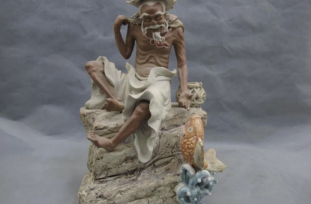 

15 China Clay Pottery WuCai porcelain Lucky Fisherman Fishing Fish Art sculpture