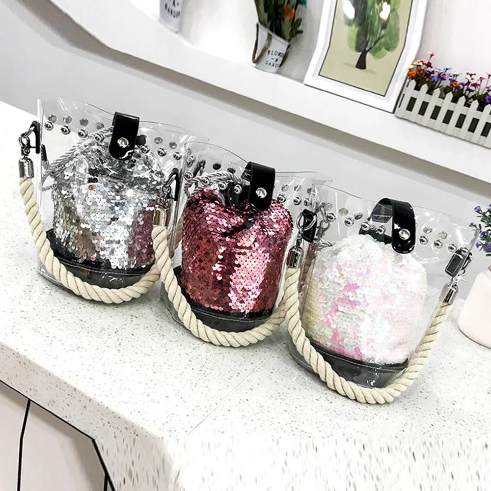 

clear bag bucket bag round bag transparent women Fashion Reversible Sequin Glitter Shoulder Pack Crossbody Handbag panier plage
